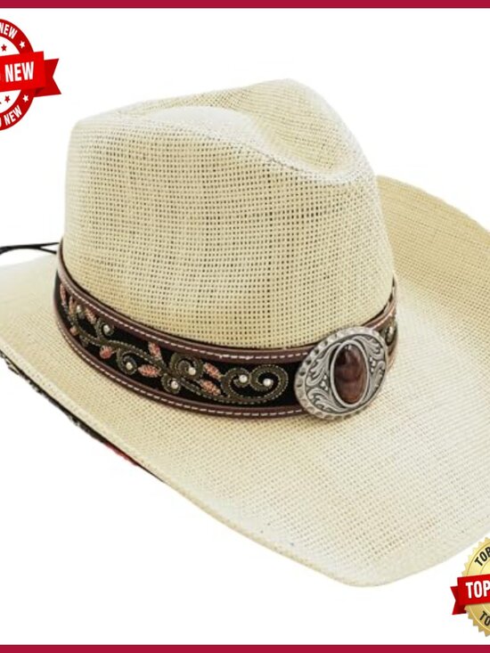 Unisex Straw Cowboy Hat with Studded Band and Bull Buckle, 58cm or 60cm main image 4